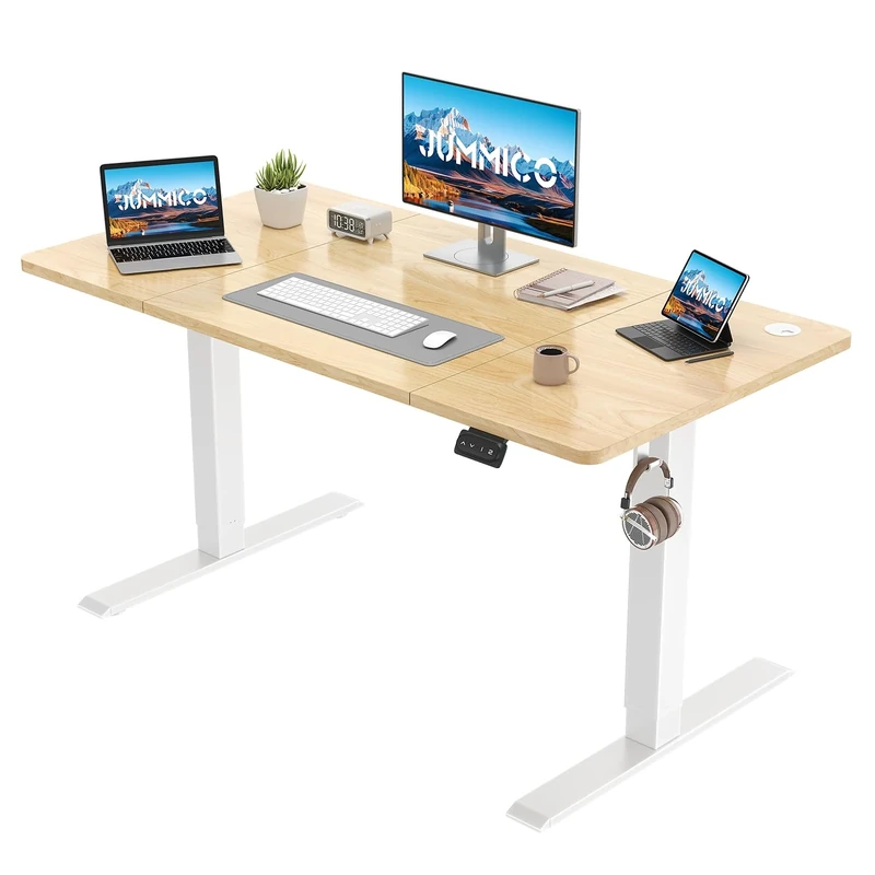 JUMMICO Electric Standing Desk 140 x 60 cm Home Office Height Adjustable Desk, Computer Lift Table with Smart Panel, Sit Stand Desk with Height Memory, Beige