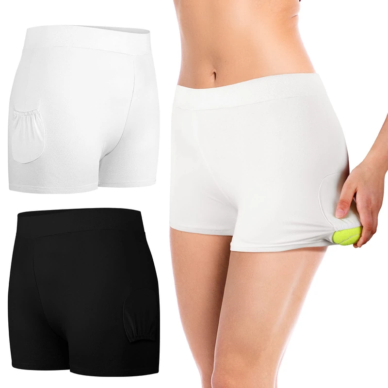 2 Pieces Tennis Under Shorts with Ball Pockets Yoga Workout Women's Shorts Black White for Women Tummy Under, Black, White, S