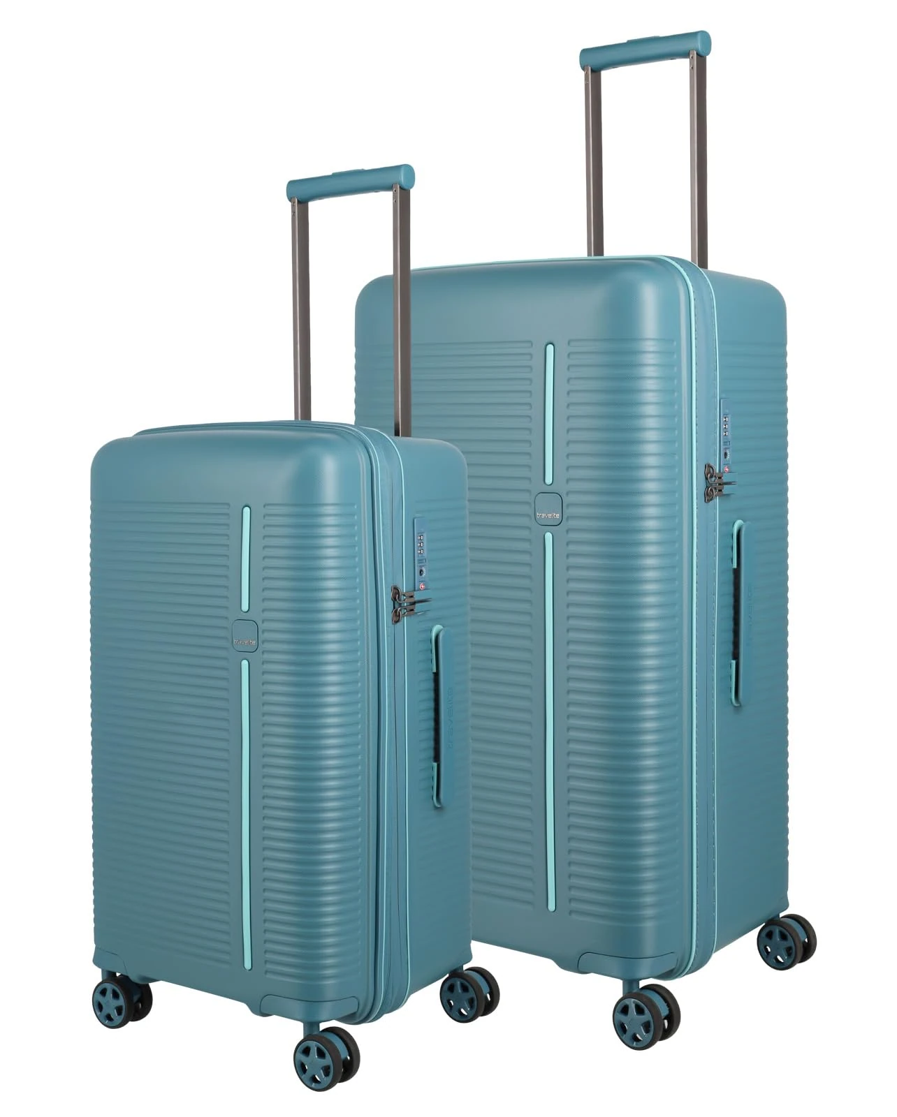 travelite 4-wheel suitcase set 2-piece sizes L/M, luggage series ROOMER: hard shell trolleys with TSA combination lock; size M with integrated expansion fold