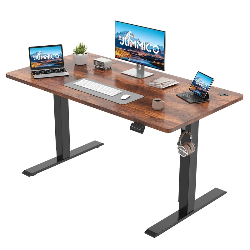 JUMMICO Electric Standing Desk 140 x 60 cm Home Office Height Adjustable Desk, Computer Lift Table with Smart Panel, Sit Stand Desk with Height Memory, Brown