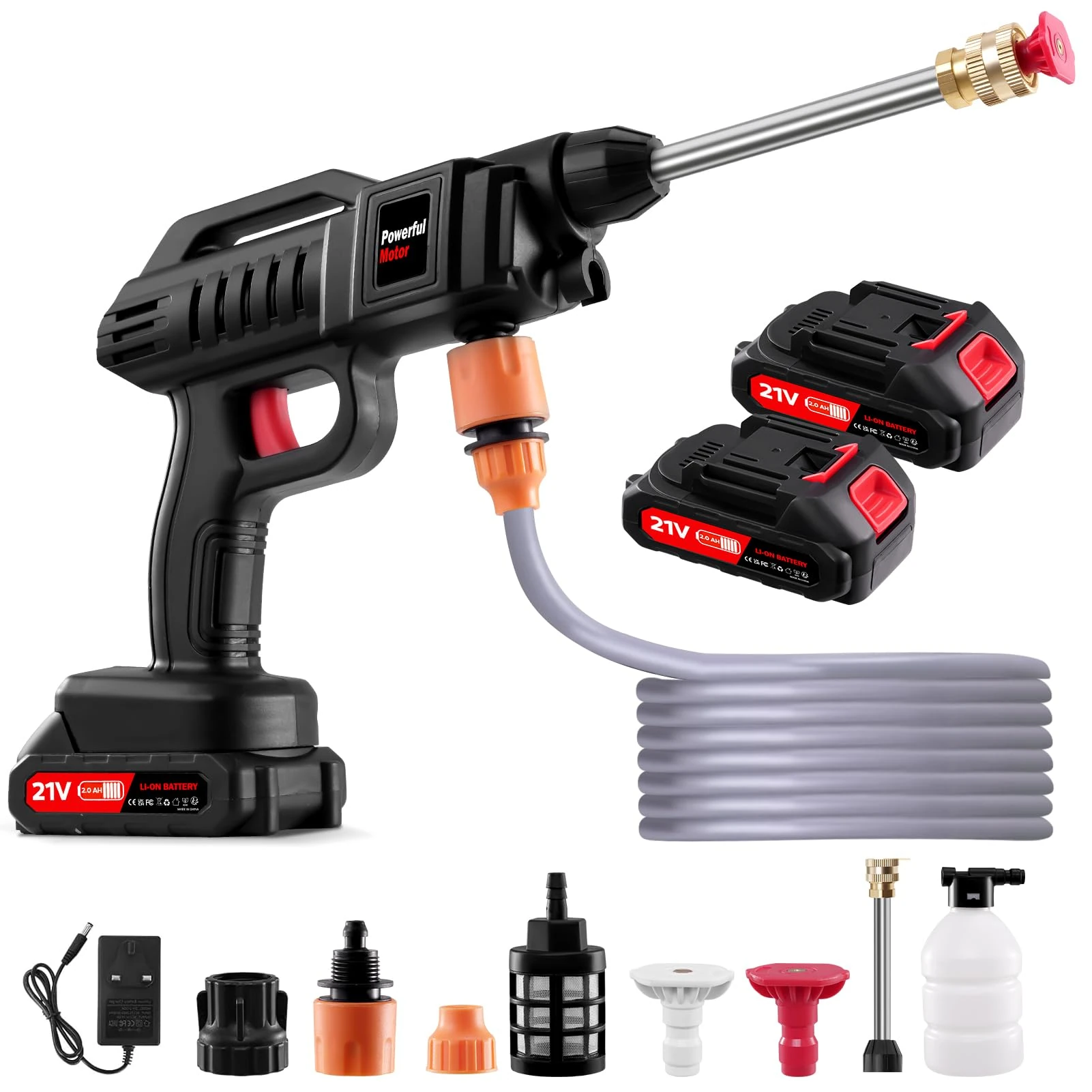 21V Handheld Pressure Washer Kit, Cordless Pressure Washer, 1500W High Pressure Washers with 2 Nozzles, 16.5ft Hose, 2 Batteries, Cordless Power Washer for Car Floor Gardening (Without bucket)
