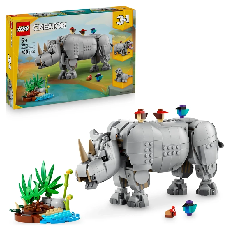 LEGO Creator 3in1 Wild Animals: Majestic Rhino with Birds Toy - Animal Figure Transforms into a Hippo Model or a Walrus - Creative Gift for 9+ Year Old Girls & Boys - 31171