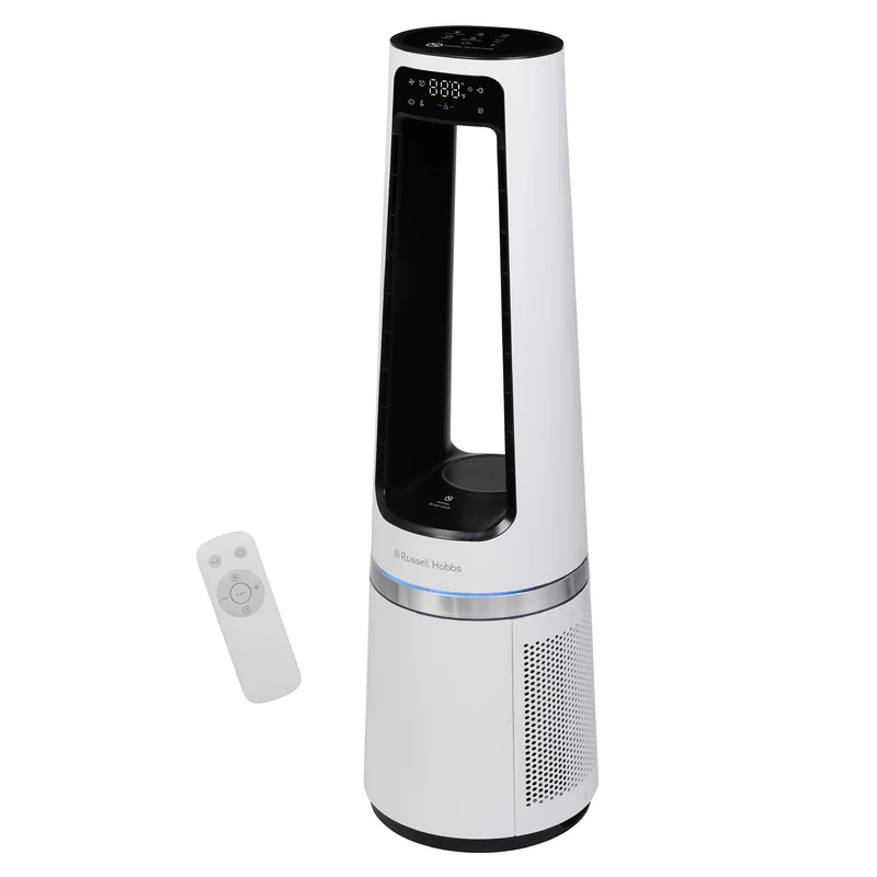 Russell Hobbs Quiet Bladeless Tower Fan & Heater with Remote Control, Touch Control, 85cm Tall, 12 Speed Settings, 12 Hour Adjustable Timer, Oscillating 2kW, White, 2 Year Guarantee RHBLDL25W