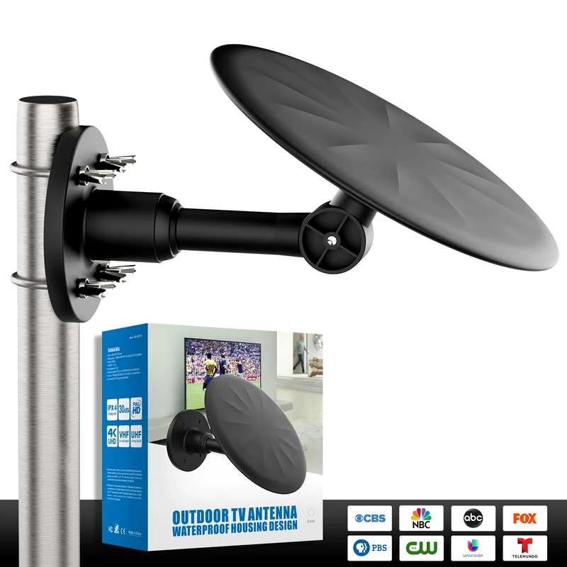 Outdoor TV Aerial – Lifetime Free HD Channels & Freeview Support | Weatherproof Design for Attic/Outdoor Installation | Long-Range Smart Amplifier with 32.8ft Cable (Black)