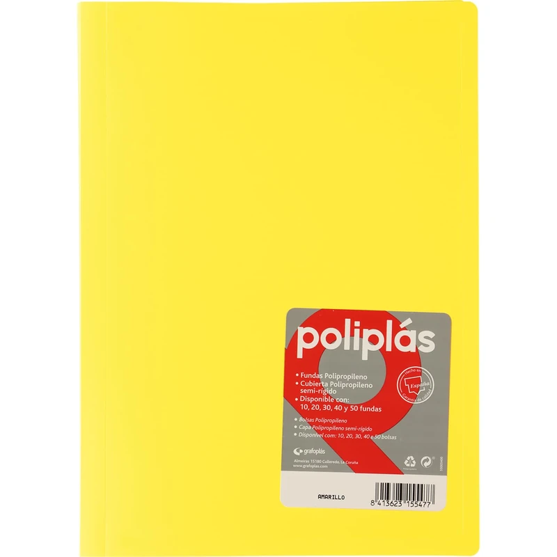 Grafoplas – Transparent Folder Covers, Foolscap Size, Yellow, 30 Polypropylene Linings, Opaque Polyplas Series, Made in Spain, Flexible Covers, Perfect for Filing Documents