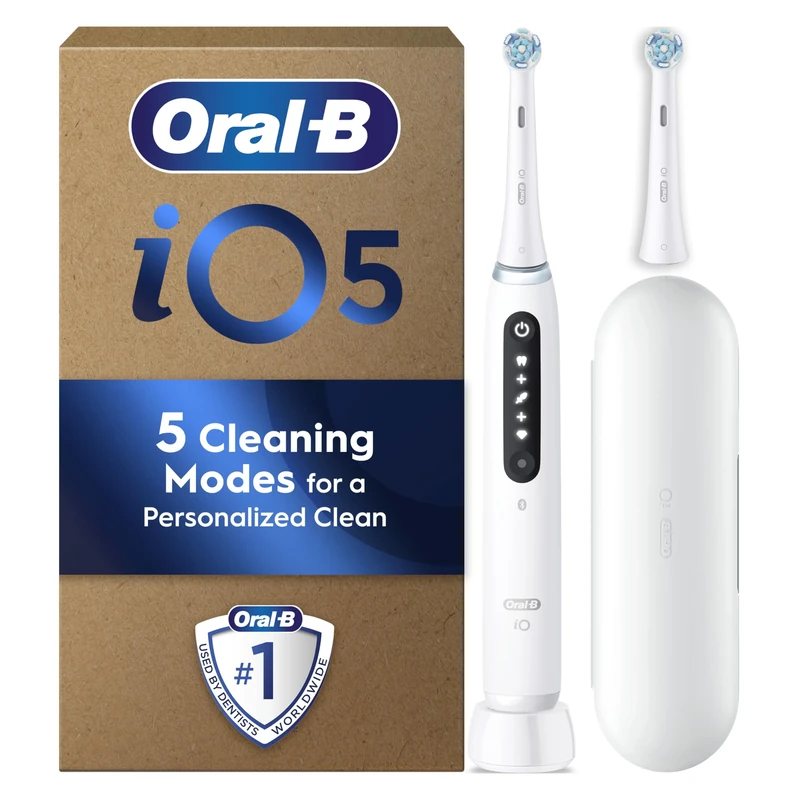 Oral-B iO5 Electric Toothbrushes for Adults, 2 Toothbrush Head and Travel Case, 5 Modes with Teeth Whitening, 2 Pin Plug, White