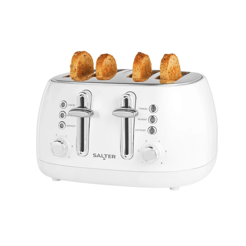 Salter Boston 4-Slice Toaster – Wide Slots, 6 Browning Levels, Defrost, Reheat and Cancel, Bagels, Teacakes, Thick Bread, High-Lift Eject, Removable Crumb Tray, Self-Centring, 1960W, Ice White Shimmer