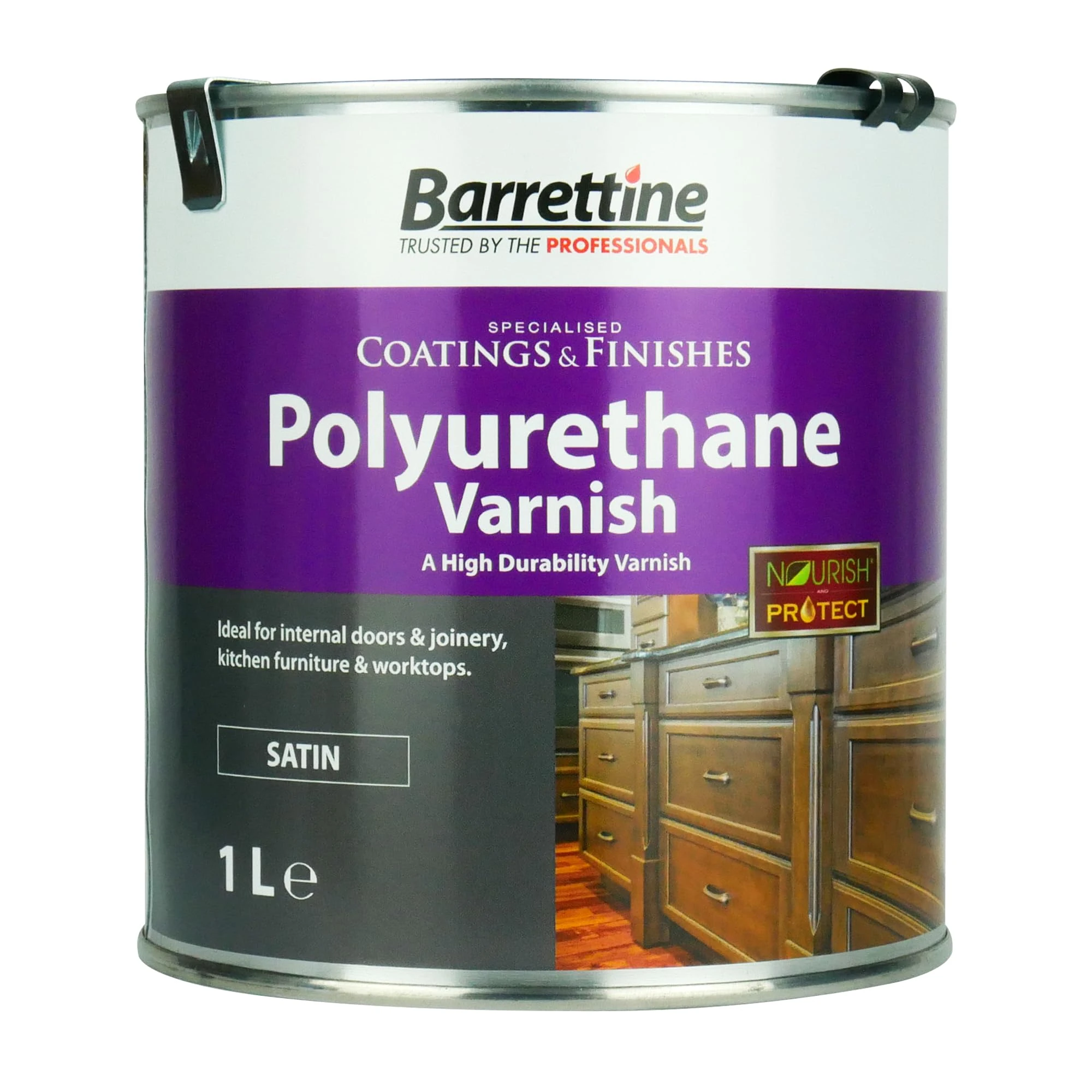 Barrettine Polyurethane Varnish (Satin, 1L) - Highly Durable Polyurethane Wood Varnish with Clear Gloss Finish for Internal Doors & Joinery, Kitchen Furniture & Worktops