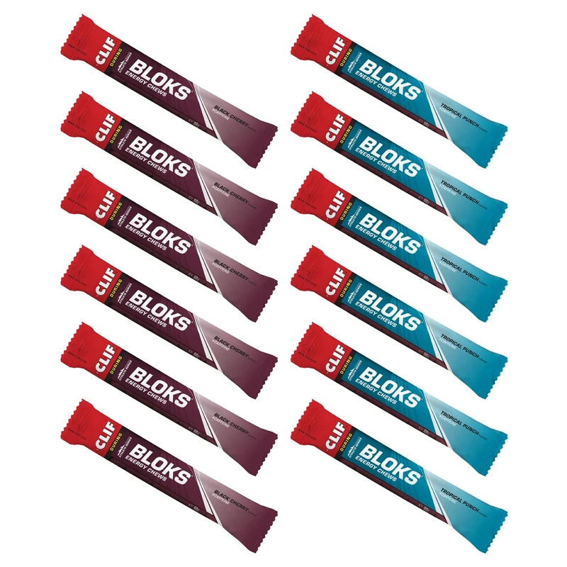 CLIF Bar Bloks Energy Chews - Quick Energy with Caffeine for Cycling and Running - Workout Snack - Multi-flavour 6 x Black Cherry, 6 x Tropical Punch - 60g Bars - (12 Pack)