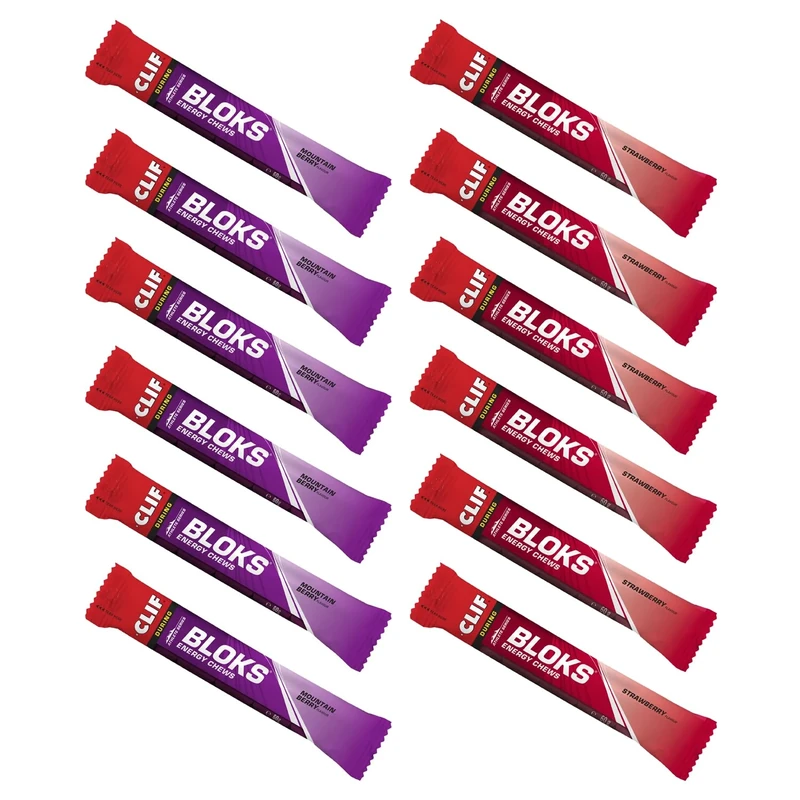 CLIF Bar Bloks Energy Chews - Quick Energy for Cycling and Running - Workout Snack - Multi-flavour 6 x Mountain Berry, 6 x Strawberry - 60g Bars - (12 Pack)