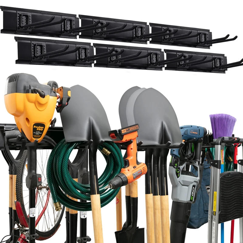 TIDYME Garden Tool Organizer Wall Mount - 96 inches - Sturdy Storage Rack with Adjustable Hooks, Anti-Rust - Easy Installation, 600lbs Capacity - Garage Tool Organizer (06 Racks & 12 Hooks)