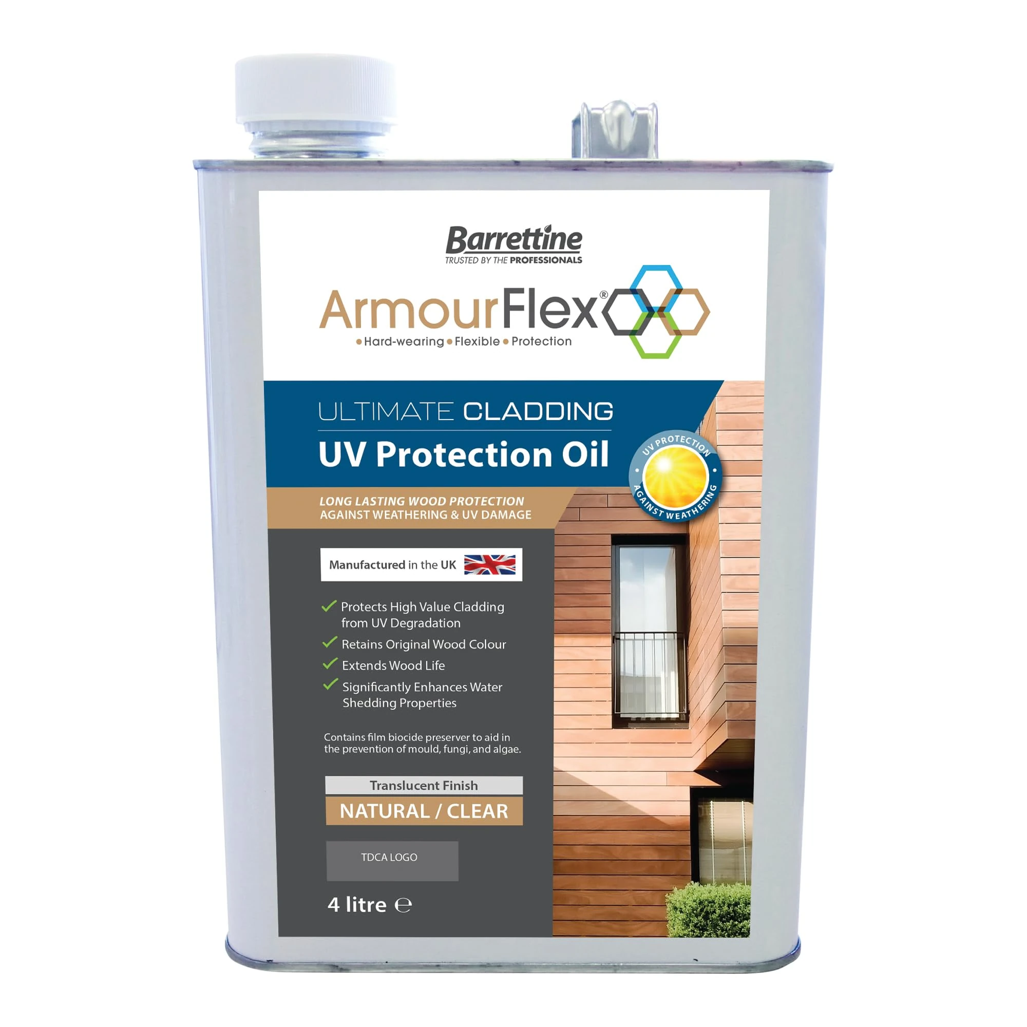Barrettine Armourflex Ultimate UV Protection Oil (4L) - Interior & Exterior Wood Oil for Long Lasting Wood Protection Against Weathering & UV Damage with a Natural, Clear Finish