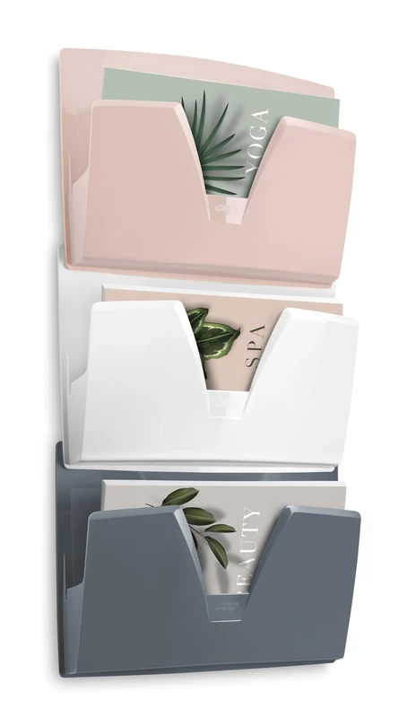 CEP Set of 3 Wall Baskets Dusty Pink – Storm Grey – Mineral White – Desk Storage Display for Documents 24 x 32 cm