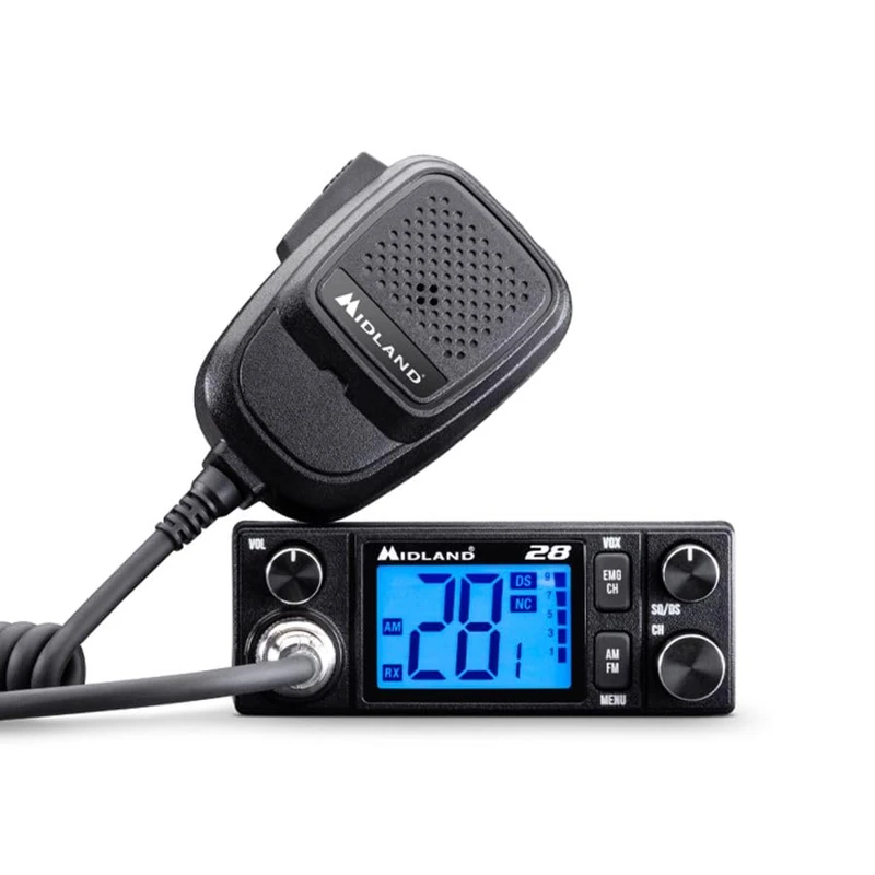 Midland 28 Midland a mid-range model with a 2" colour LCD display and seven selectable colours. It includes digital squelch for clear communications, 12/24V power for both in-car and truck