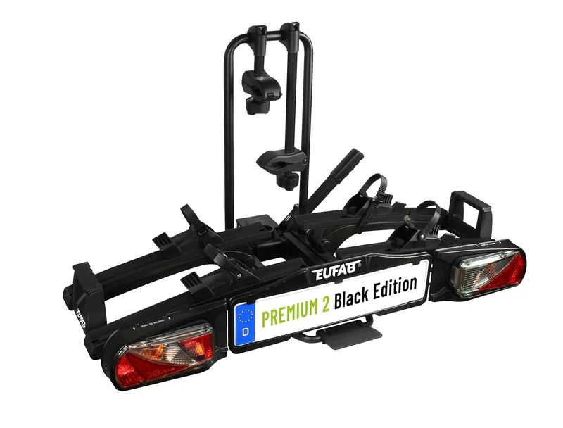 EUFAB 11648ON Bicycle Carrier Premium 2 Inch Black Edition, Suitable for E-Bikes, Fully Pre-Assembled, Anti-Theft Protection, for 2 Bicycles, for Tow Bar, Black