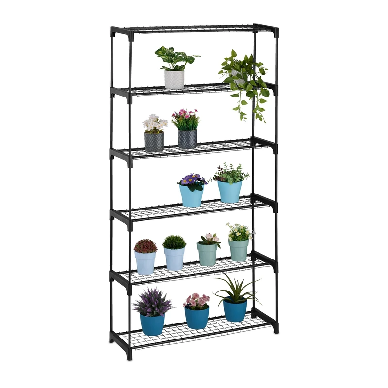 Relaxdays Plant Rack, 6, Stand for Flowers & Pots, Metal & Plastic, HWD: 174x91x28 cm, Shelving for Herbs, Black, Steel