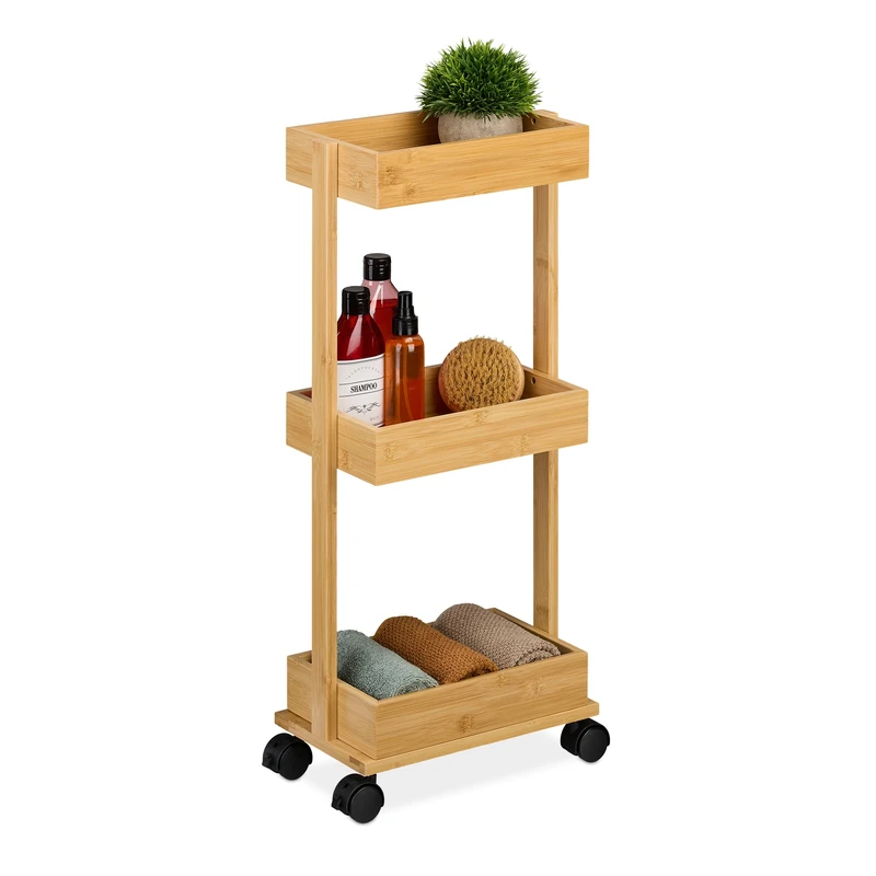 Relaxdays Kitchen Storage Trolley, 3-Tier Cart, Shelving Organizer Unit on Wheel for Bathroom, Larder & Narrow Places, Bamboo, Plastic, Fibreboard, 71.5 x 31 x 18 cm - Image 1