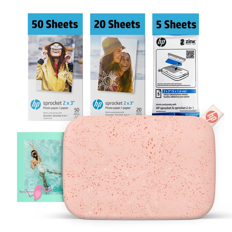 HP Sprocket 2x3 Instant Smartphone Photo Printer 75 Sheets Bundle - Bluetooth Portable Color Wireless Mobile Printer (Pink) Zink Sticky-Back Photos