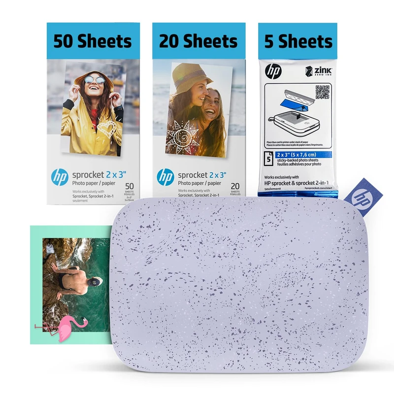 HP Sprocket 2x3 Instant Smartphone Photo Printer 75 Sheets Bundle - Bluetooth Portable Color Wireless Mobile Printer (Purple) Zink Sticky-Back Photos
