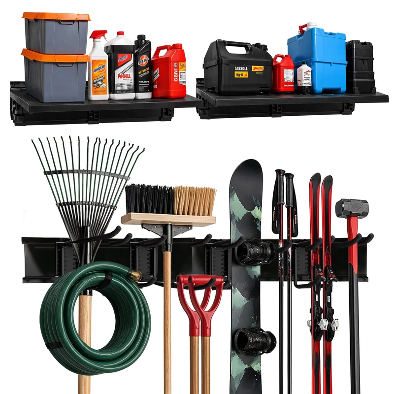 TIDYME Heavy-Duty Garage Wall Storage System | Wall Mounted Tool Organizer Rack with Shelving | 12-Piece Mounting Kit | 6x10” Double-Layered Hooks & 2x24” Floating Utility Shelves