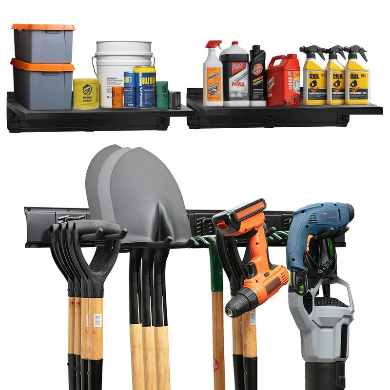TIDYME Heavy-Duty Garage Wall Storage System | Wall Mounted Tool Organizer Rack with Shelving | 10-Piece Mounting Kit | Includes 4x8.5” Adjustable Hooks & 2x16.5” Floating Utility Shelves