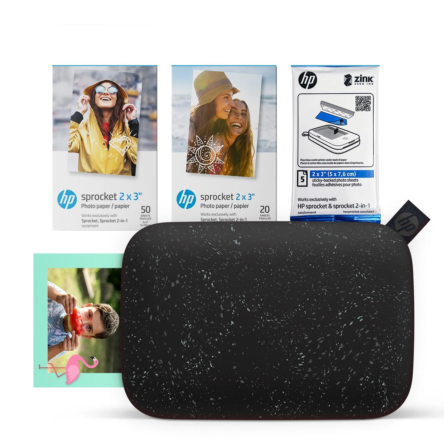 HP Sprocket 2x3 Instant Smartphone Photo Printer 75 Sheets Bundle - Bluetooth Portable Color Wireless Mobile Printer (Black) Zink Sticky-Back Photos