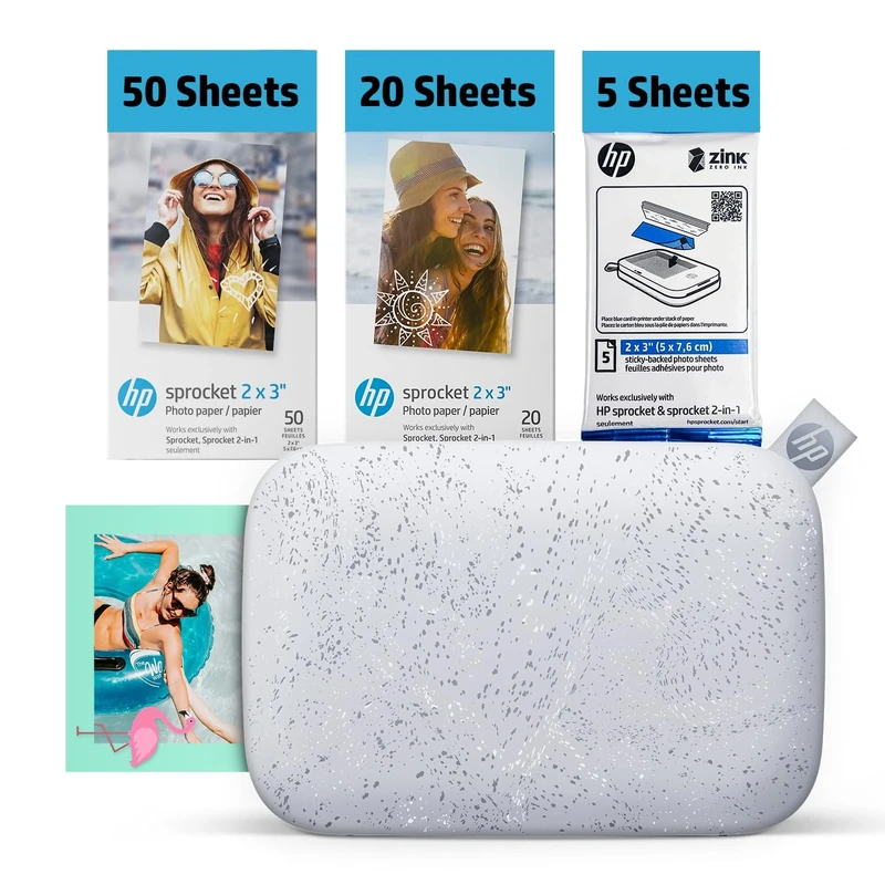 HP Sprocket 2x3 Instant Smartphone Photo Printer 75 Sheets Bundle - Bluetooth Portable Color Wireless Mobile Printer (White) Zink Sticky-Back Photos