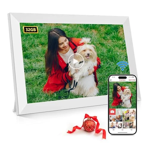 Digital Photo Frame 10.1 Inch WiFi, Built in 32GB Memory, 1280x800 HD IPS Touch Screen- Smart Electronic Digital Picture Frame, Auto-Rotate, Wall Mountable Share Photos/Videos via Frameo App (White)