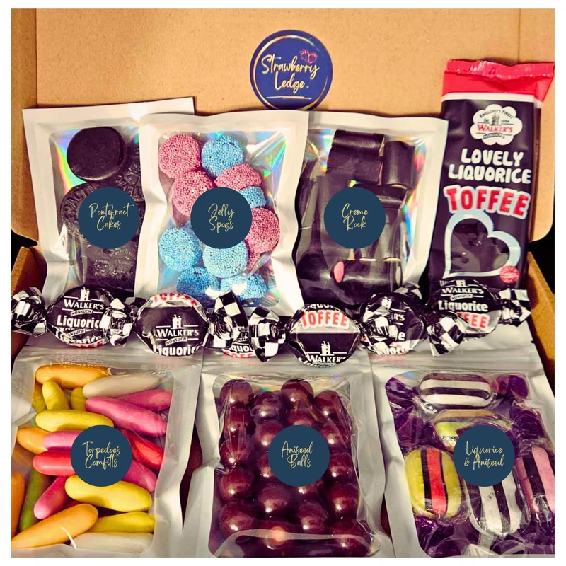 Liquorice Sweets Gift Box | Liquorice Torpedoes, Pontefract Cakes, Aniseed Balls, Jelly Spogs, Cream Rock, Licorice & Aniseed Sweets, Toffees & Bar | Pick n Mix Bags