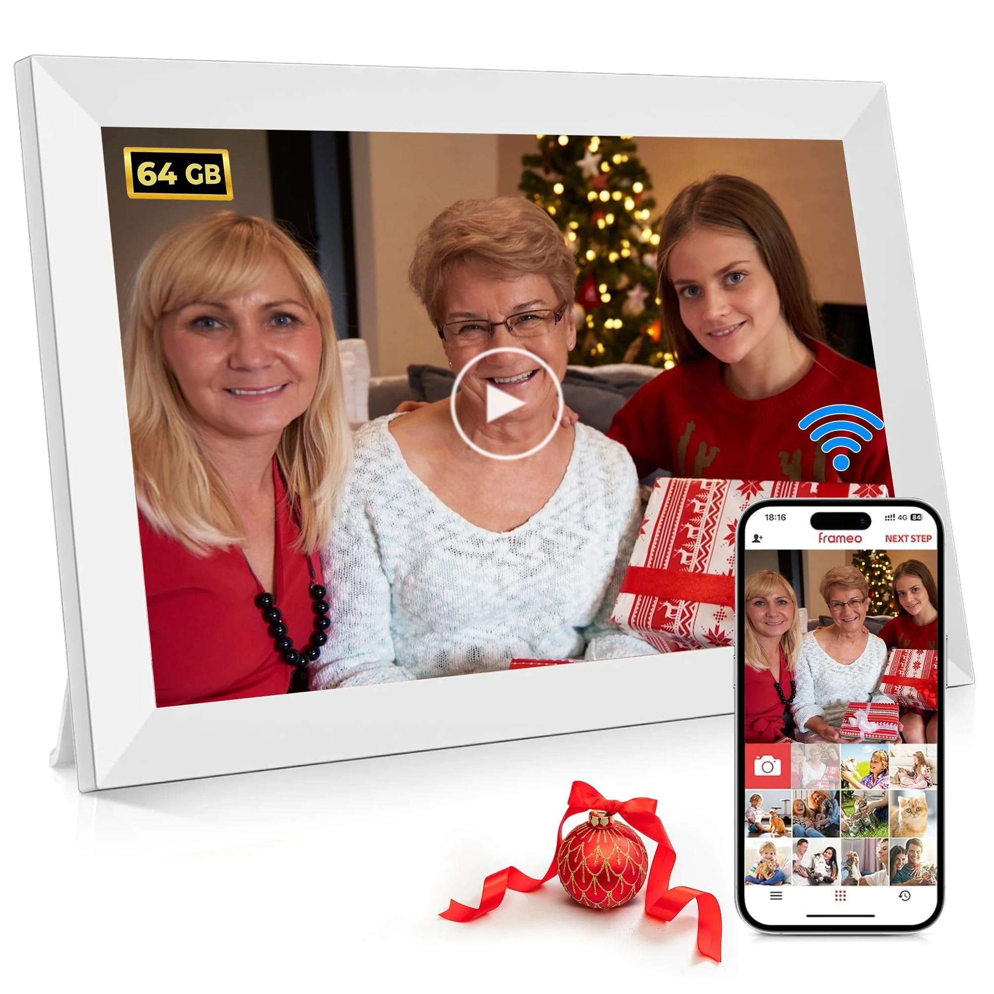 Digital Photo Frame 10.1 Inch Wifi Built-in 64GB, 1280x800 HD IPS Touch Screen- Smart Electronic Digital Picture Frame, Memory Auto-Rotate, Wall Mountable, Micro SD, Share Photos/Videos (White)