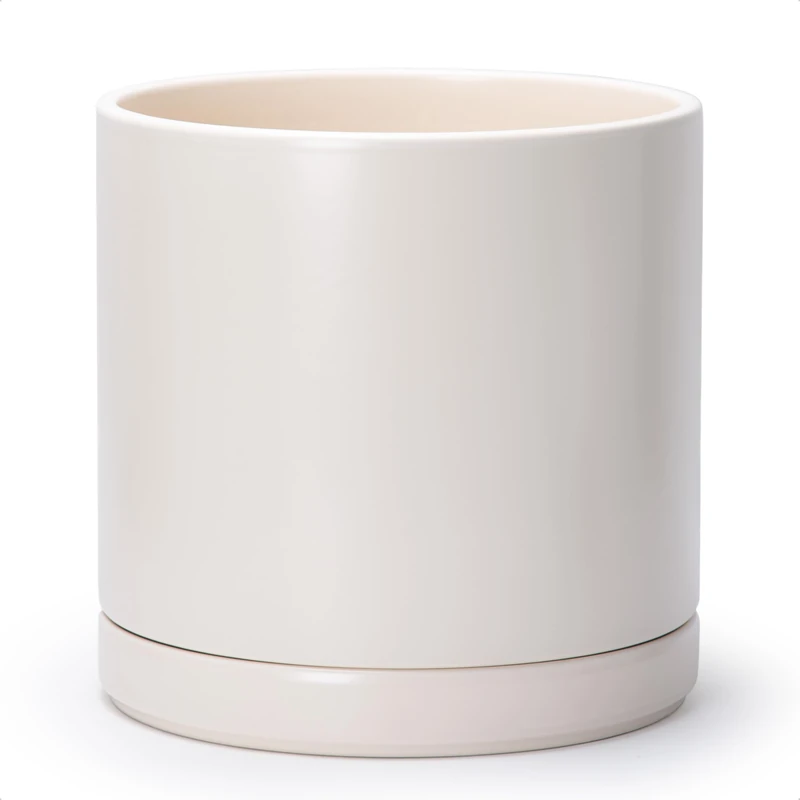 D'vine Dev 12 Inch Ceramic Planter Pot with Drainage Hole and Saucer, Indoor Cylinder Round Planter Pot, Oatmeal, 94-O-F-8