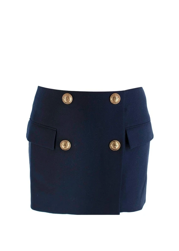 Balmain Pre-Loved Navy Double Breasted Effect Wool Mini Skirt