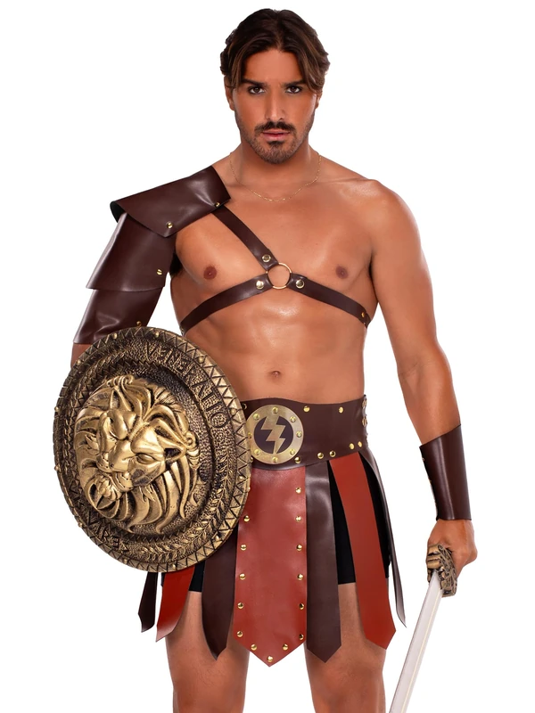Leg Avenue Men's 3 PC Gladiator Costume, Includes Faux-Leather Paneled Skirt, Armored Shoulder Harness, and Wrist Cuff, X-Large, BROWN