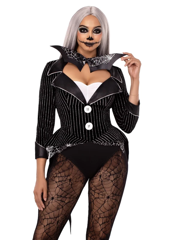 Leg Avenue 2 PC Halloween Baddie Costume, Includes Striped Velvet Bodysuit with Snap Crotch and Wing Bow Tie, Small, BLACK