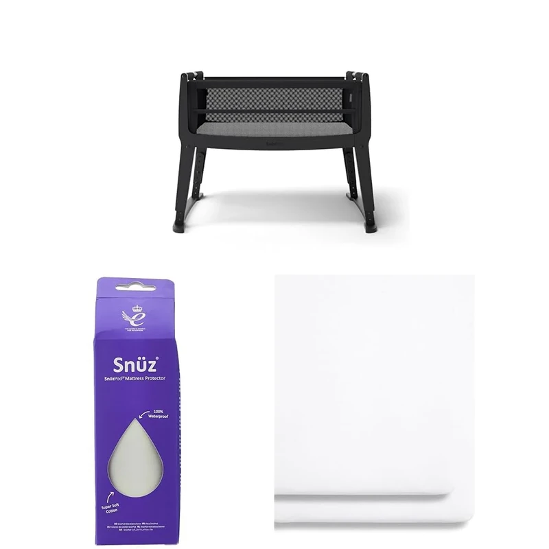 SnuzPod Studio Next to Me Crib Bundle - Portable, Lightweight Baby Bed with Breathable Mattress, Brooklyn + Waterproof Mattress Protector + 2 Pack Fitted Sheets