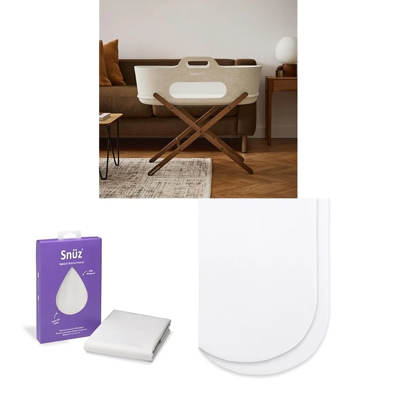 Snuz SnuzBaskit Moses Basket Bundle - Barley Moses Basket with Matress & Walnut Stand + Waterproof Mattress Protector + 2 Pack Fitted Sheets