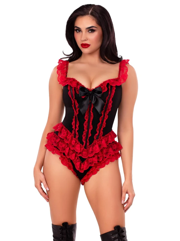 Leg Avenue Boned Ruffle Bodysuit with Bow Accent, Large, BLACK/RED - Image 1