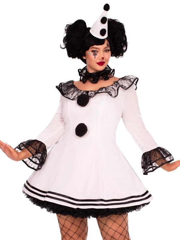 Leg Avenue 86658X 00808 3 Pc Pierrot Sexy Costume Women with Clown Dress, Ruffle Collar, Matching Hat Adult Sized, White/Black, 2X