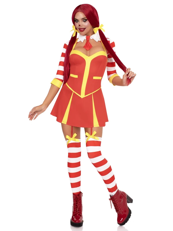 Leg Avenue Womens 3 Pc Ketchup Clown Costume, Includes Garter Dress With Attached Footless Thigh Highs, Collared Shrug, and 2 Hair Bows, LARGE, Multicolor - Image 1