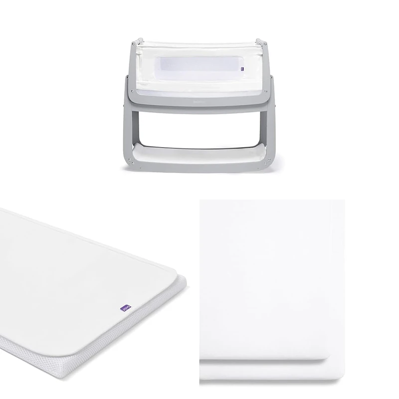 SnuzPod 4 Bedside Crib Bundle - Rocking Next to Me Crib with Matress (Dove) + Waterproof Matress Protector + 2 Pack White Fitted Sheets