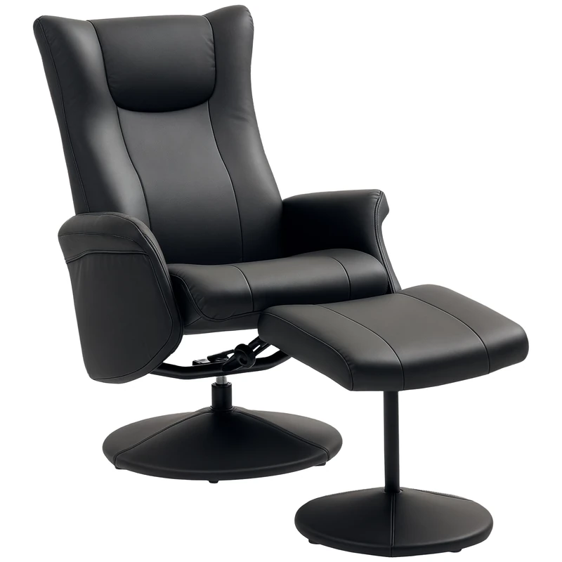 HOMCOM Swivel Recliner Chair with Footstool, PU Leather Recliner Armchair with Adjustable Back and Steel Frame, Reclining Chair Lounge with Flared Armrests for Living Room, Black