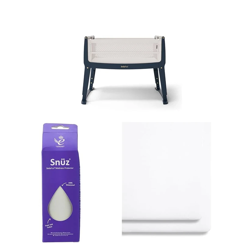 SnuzPod Studio Next to Me Crib Bundle - Portable, Lightweight Baby Bed with Breathable Mattress, London + Waterproof Mattress Protector + 2 Pack Fitted Sheets