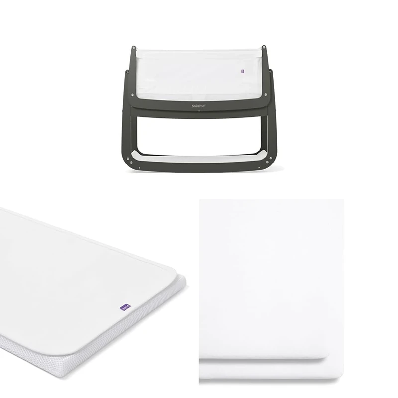 SnuzPod 4 Bedside Crib Bundle - Rocking Next to Me Crib with Matress (Sage) + Waterproof Matress Protector + 2 Pack White Fitted Sheets