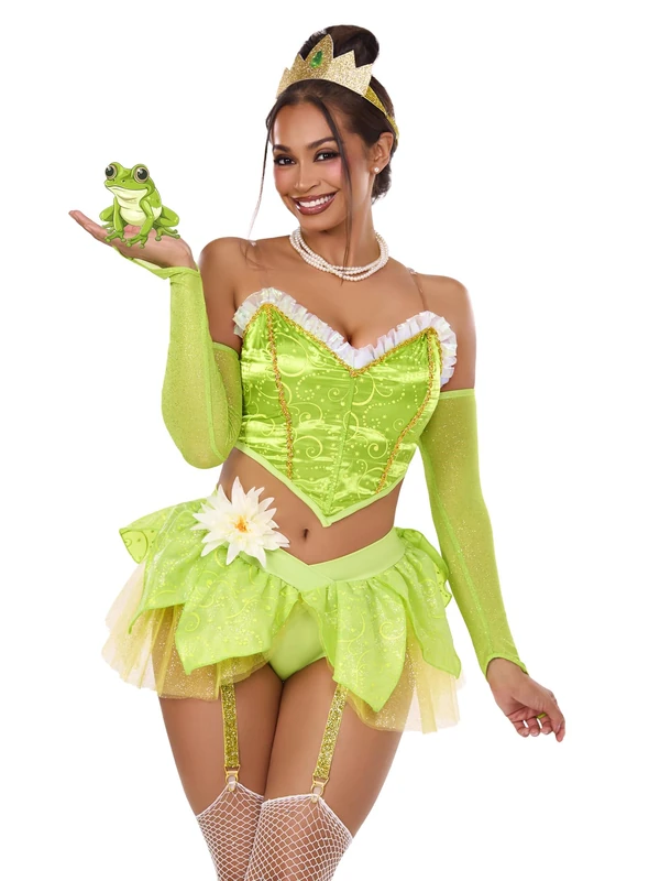 Bayou Babe Costume Includes Bustier Top, Petal Skirt Garter Panty, Pin-on Flower, Clear Straps, Gauntlet Gloves, and Crown, Green, XS - Image 1