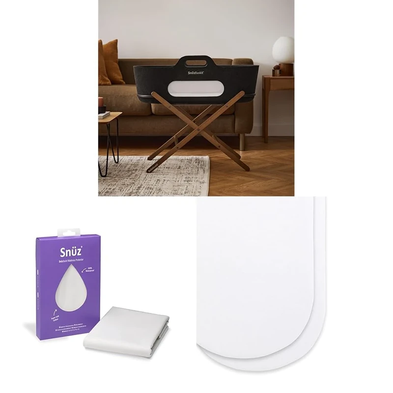 Snuz SnuzBaskit Moses Basket Bundle - Graphite Moses Basket with Matress & Walnut Stand + Waterproof Mattress Protector + 2 Pack Fitted Sheets