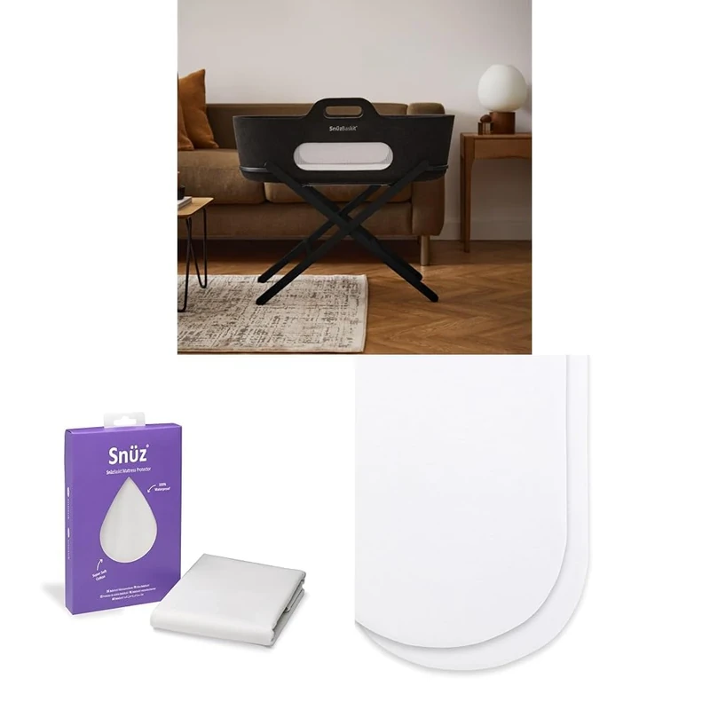 Snüz SnuzBaskit Moses Basket Bundle - Graphite Moses Basket with Matress & Graphite Stand + Waterproof Mattress Protector + 2 Pack Fitted Sheets