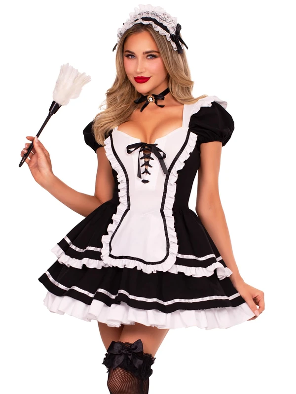 Leg Avenue 4 PC Maid to Flirt Costume, Includes Ruffle Trimmed Dress with Lace-Up Bodice and Tiered Skirt, Pin-On Back Bow, Cameo Choker, and Headband, Medium, BLK/WHITE