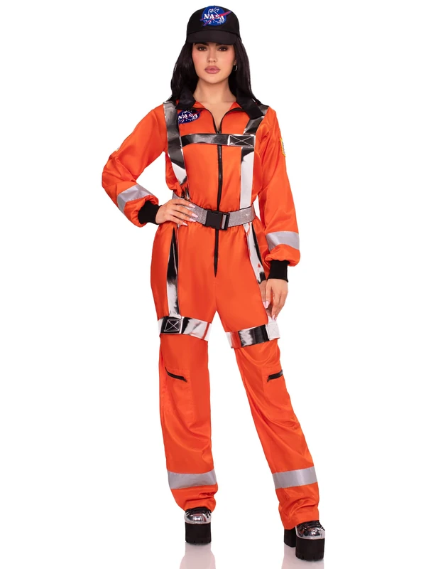 Leg Avenue 3 PC Cosmic Astronaut Costume, Includes Zip-Up Jumpsuit with Pockets and Reflective Trim, Metallic Body Harness, and Hat, Small, ORANGE