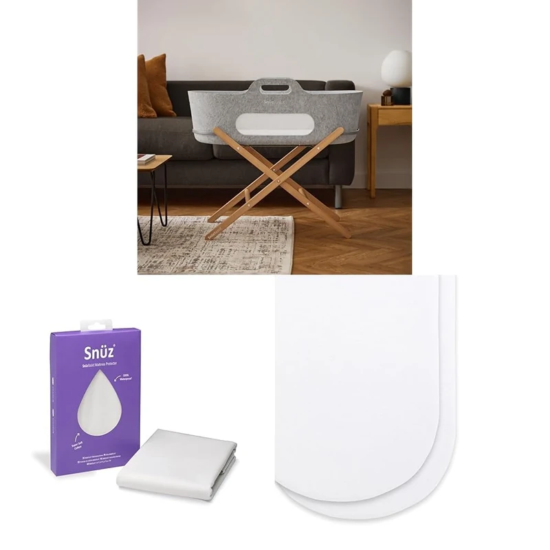 Snuz SnuzBaskit Moses Basket Bundle - Light Grey Moses Basket with Matress & Natural Stand + Waterproof Mattress Protector + 2 Pack Fitted Sheets