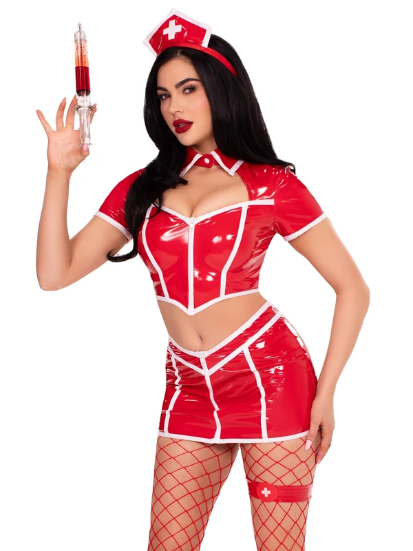 Leg Avenue 4 PC Red Alert Nurse Costume, Includes Vinyl Crop Top, V-Front Skirt, Garter, and Headband, Large, RED - Image 1